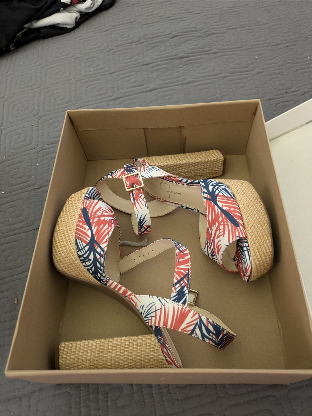 Jessica Simpson Coral and Navy Tropical Print Platform Sandals - Picture 2 of 6